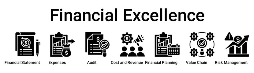 Financial Excellence banner web icon vector illustration concept for business with icon of Financial Statement, Expenses, Audit, Cost and Revenue, Financial Planning, Value Chain, Risk.