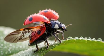 Vibrant Ladybug Opening Wings Covered in Dew Drops, Preparing for Flight on Green Leaf