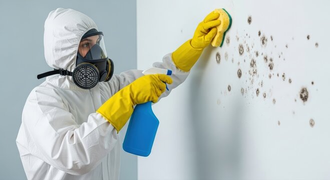 Professional specialist in full protective gear diligently cleans severe black mold growth from a home wall, ensuring family safety and healthy environment