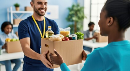 Smiling male volunteer in blue hands a packed food donation box to a grateful woman, embodying essential community support and compassionate giving