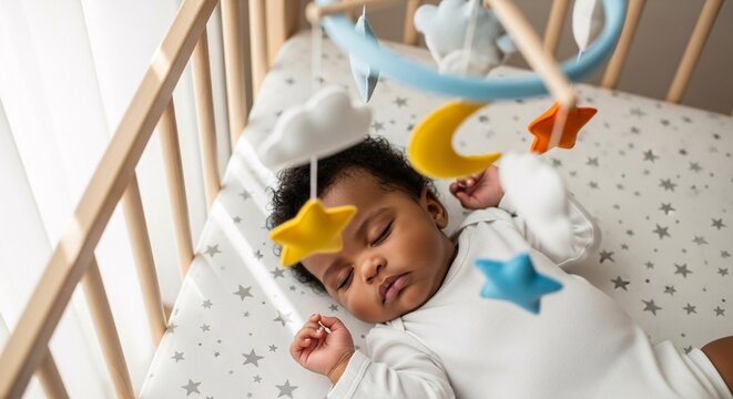 Serene Slumber: A Precious African American Baby Peaceful Sleep in Crib Under Gentle Mobile Newborn Innocence Restful Infant Bliss Childhood Dreams Sweet Dreams 180chars