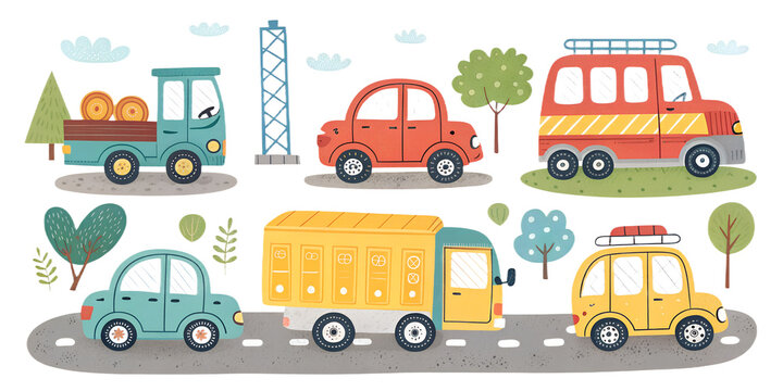 A bright and playful set of kids&rsquo; vehicles illustrated in a simple, cartoon style. Includes cars, trucks, a bus, and construction vehicles. Perfect for educational materials, preschool worksheets, gam