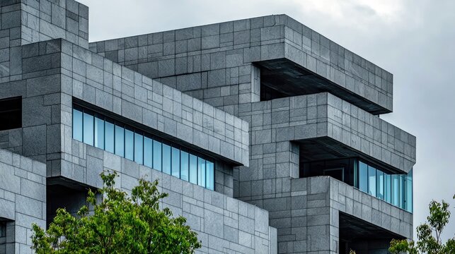 A close-up view of a contemporary building exterior, featuring a geometric facade constructed from grey stone blocks and large, reflective windows.