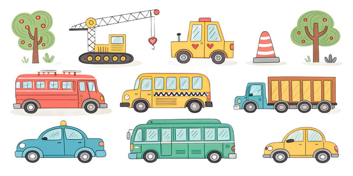 A bright and playful set of kids&rsquo; vehicles illustrated in a simple, cartoon style. Includes cars, trucks, a bus, and construction vehicles. Perfect for educational materials, preschool worksheets, gam