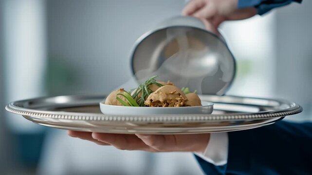 Waiter serving a covered dish on tray