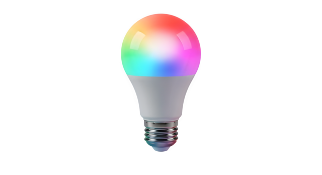 Smart light bulb emitting vibrant colorful light against a dark