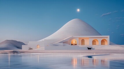 A surreal, minimalist landscape featuring a modern white building with arched entrances situated on a white hill. The scene is illuminated by a soft, warm glow