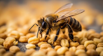 Macro Close-Up of a Honey Bee Foraging on Golden Bee Pollen Granules