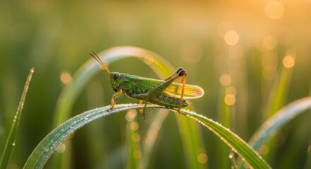 Vibrant Green Grasshopper on Dew-Kissed Grass with Golden Morning Sunlight