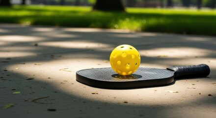 Vibrant yellow pickleball and sleek black paddle rest on a sun-dappled outdoor court, ready for an invigorating summer game