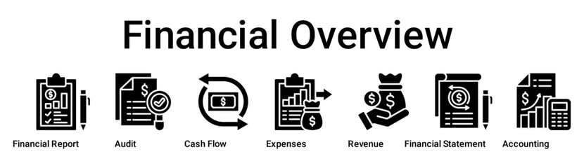Financial Overview banner web icon vector illustration concept for business with icon of Financial Report, Audit, Cash Flow, Expenses, Revenue, Financial Statement.