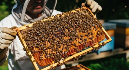 Professional Beekeeper Inspecting Honeycomb Frame with Active Bees in an Outdoor Apiary