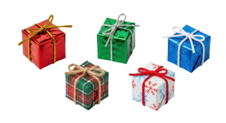 Five colorful gift boxes for Christmas isolated PNG with Transparent Background