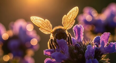 Backlit Honeybee on Dewy Purple Flower at Golden Hour