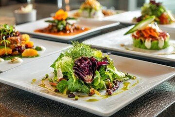 Variety of beautifully plated gourmet dishes, including fresh salads, served on white plates