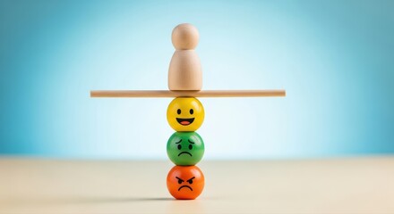 Fototapeta premium Wooden person delicately balances above a vibrant stack of happy, sad, and angry emoji blocks, symbolizing emotional feedback and mental well-being challenges