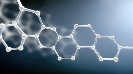 Abstract 3D render of a molecular structure with interconnected spheres and lines, representing chemical bonds and scientific research on a dark blue background