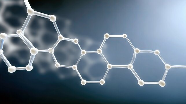 Abstract 3D render of a molecular structure with interconnected spheres and lines, representing chemical bonds and scientific research on a dark blue background