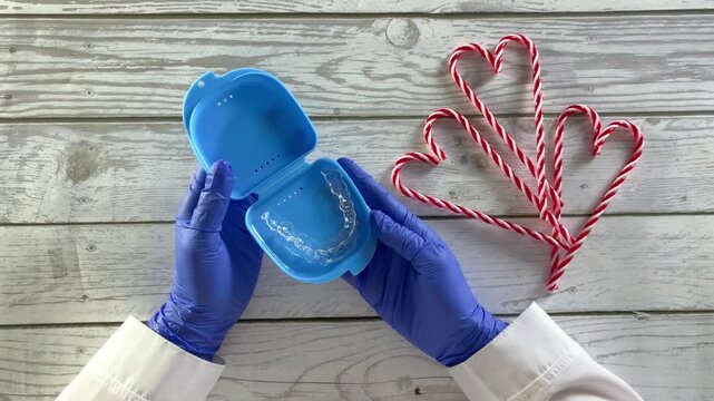 Hands in blue gloves hold a dental retainer case open on a wooden table. Nearby, candy canes arranged in heart shapes provide a festive contrast. 