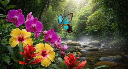 Vibrant Tropical Butterfly in Lush Rainforest Oasis with Exotic Flowers and Sunlit Stream