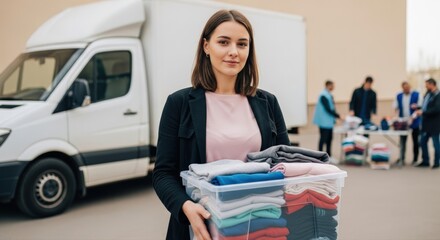 Young woman volunteer holding a container of colorful donated clothes for a community charity event, with a delivery van ready for distribution