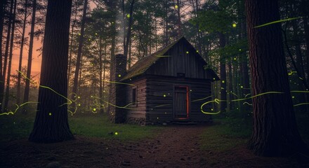 Enchanted Log Cabin in a Mystical Forest at Twilight with Glowing Fireflies