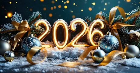 Festive scene displays glowing numerals 2026 amid ornaments, ribbons, snow. Winter holiday celebration, bright lights, joyful atmosphere.
