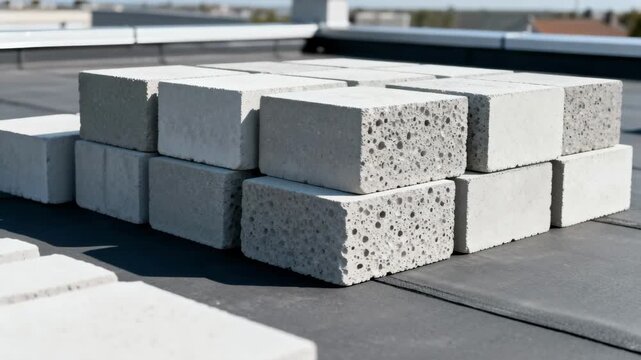 Medium shot focusing on aerated blocks carefully placed as ballast on rooftop showcasing lightweight yet effective anchoring materials used in modern ballasted roof designs.