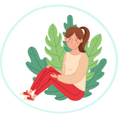 Young Woman Sitting Among Large Green Leaves With Red Pants And Light Brown Sweater In A Circular Frame