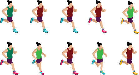 Colorful isometric woman running poses illustration set for fitness, marathon training, sports activity, workout motion sequence, health exercise design