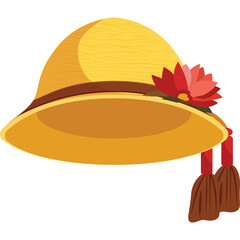 Yellow wide brimmed sun hat adorned with a deep red lotus flower and two dangling brown tassels isolated on a transparent background