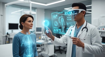 Doctor using augmented reality to explain diagnosis to patient.