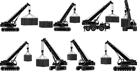 Industrial mobile crane lifting containers illustration set, heavy equipment silhouettes for construction, logistics, shipping operations, cargo handling and transport industry