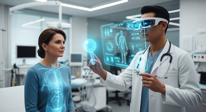 Doctor using augmented reality to explain diagnosis to patient.
