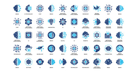 Artificial intelligence icon set collection. Containing thought, mind, cog, intelligence, touch, brain, contact .Solid vector icons collection