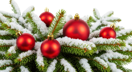 Festive Red Christmas Ornaments Decoration on Snowy Pine Tree Branches isolated PNG with Transparent Background