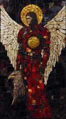 A mosaic artwork depicting an angelic figure with large wings, a golden halo, and a golden orb on its chest, holding an eagle. The figure wears red and dark arm