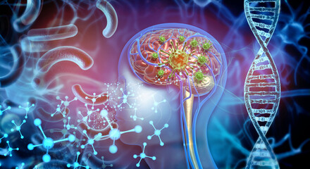 Human brain with virus, bacteria on scientific background. Brain, dna strand and atom molecules. 3d illustration