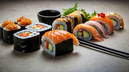 Italian cuisine concept, sushi set with chopsticks, sushi texture theme
