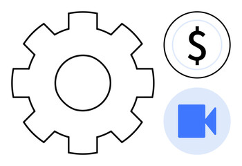Gear symbolizing operations, dollar sign for finance, and camera icon for video collaboration. Ideal for technology, business, innovation, finance, productivity, communication and digital