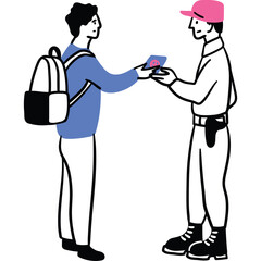 Young man with backpack hands a pink capped man a small card with a blue symbol and pink circle detailed clean line illustration on white background