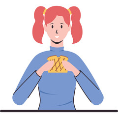 Young Woman With Pigtails In A Blue Turtleneck Holding Up A Piece Of Toast With A Grille Pattern In A Simple Illustration Style Isolated On White Background