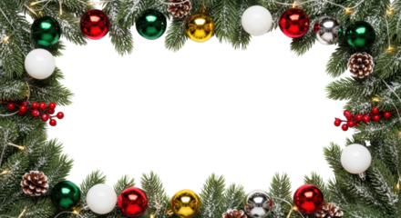 Festive Holiday Christmas Frame Border with Baubles and Pine Branches isolated PNG with Transparent Background