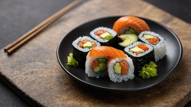 Wasabi concept, sushi rolls on plate, japanese cuisine theme