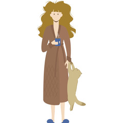 Young Woman in Brown Robe Holds Blue Mug and Cat White Background Cozy Morning Routine
