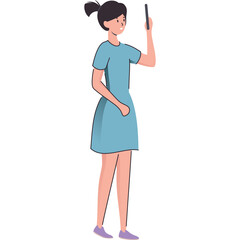 Young Woman Wearing Blue Dress Holding Mobile Phone with One Hand Looking Upwards in a Simple Flat Design Illustration