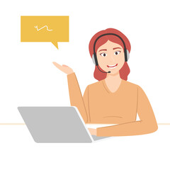 Young Woman With Red Hair Wearing Headset And Orange Sweater Sits At Desk With Laptop And Speech Bubble Above Her Head In A Studio Setting