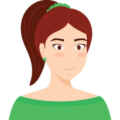 Young Woman With Red Hair Tied In A Ponytail Wearing A Green Off The Shoulder Top And Star Earring Smiling Gently