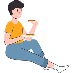Young Person Wearing Yellow T-shirt and Blue Jeans Sitting on a White Background Holding a Plate with Two Slices of Cake