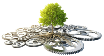 Green Tree Growing on Gears Isolated on Transparent PNG Background